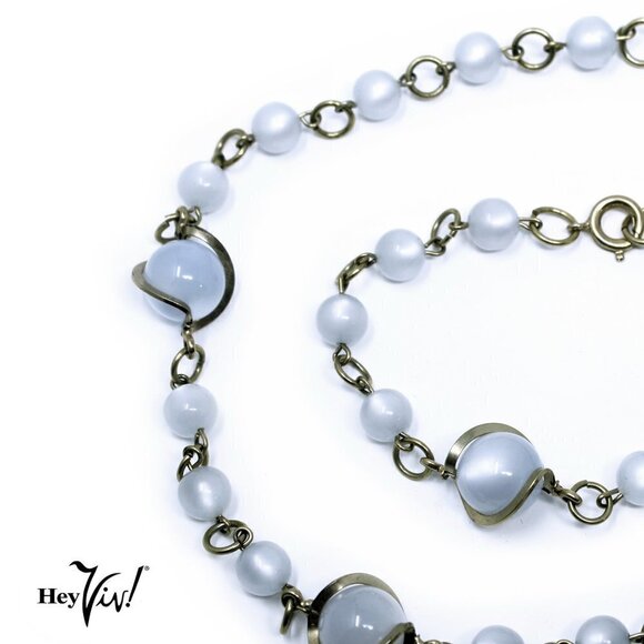 Vintage Necklace & Bracelet Set Glowing Blue Beads w Metal Swirl - Hey Viv - Picture 2 of 3